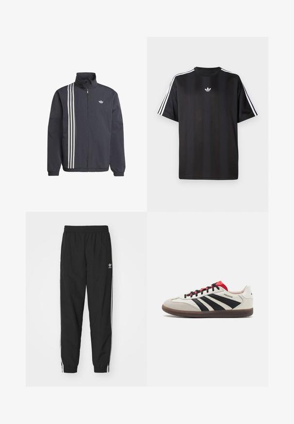 Black zip-up jacket with high collar, featuring three white vertical stripes on the left side and a small logo on the chest. Lightweight material.; Black short-sleeve t-shirt with white three-stripe detailing on shoulders and a small white logo on the chest. Smooth fabric texture.; Black track pants with elastic waistband and cuffs, featuring white side stripes and a small white Adidas logo on the left hip.; White and black sneakers with red accents, featuring a suede and leather upper, three black stripes, flat laces, and a textured rubber sole.