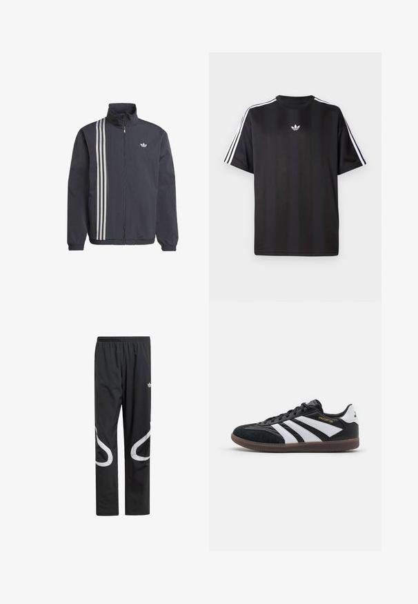 Jaqueta preta com fecho zip, com colarinho alto, apresentando três riscas verticais brancas no lado esquerdo e um pequeno logótipo no peito. Material leve.; T-shirt preto de manga curta com detalhes em branco nas três listas nos ombros e um pequeno logo branco no peito. Textura do tecido suave.; Calças de desporto pretas com um cós elástico, apresentando grandes acentos curvos brancos nos lados e um pequeno logótipo na parte superior da coxa.; Tênis atléticos em preto e branco com parte superior em camurça e sintético, apresentando três faixas brancas distintas, sola de borracha e o texto dourado "Predator".