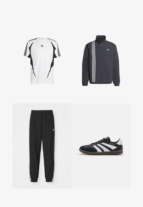 Μαύρο φερμουάρ μπουφάν με ψηλό γιακά, με τρεις λευκές κατακόρυφες ρίγες στη αριστερή πλευρά και ένα μικρό λογότυπο στο στήθος. Ελαφρύ υλικό.; Λευκό μπλουζάκι με μαύρες λεπτομέρειες; διαθέτει μαύρα καμπυλωτά σχεδιαστικά στοιχεία και τρεις μαύρες ρίγες στους ώμους. Κεντρικό λογότυπο πάνω από την λαιμόκοψη.; Μαύρη φόρμα με ελαστική μέση και μανσέτες, με λευκές ρίγες στο πλάι και ένα μικρό λευκό λογότυπο της Adidas στο αριστερό ισχίο.; Μαύρα και άσπρα αθλητικά παπούτσια με σουέντ και συνθετικό άνω μέρος, featuring τρεις διακριτές λευκές ρίγες, ελαστική σόλα, και χρυσό κείμενο "Predator".