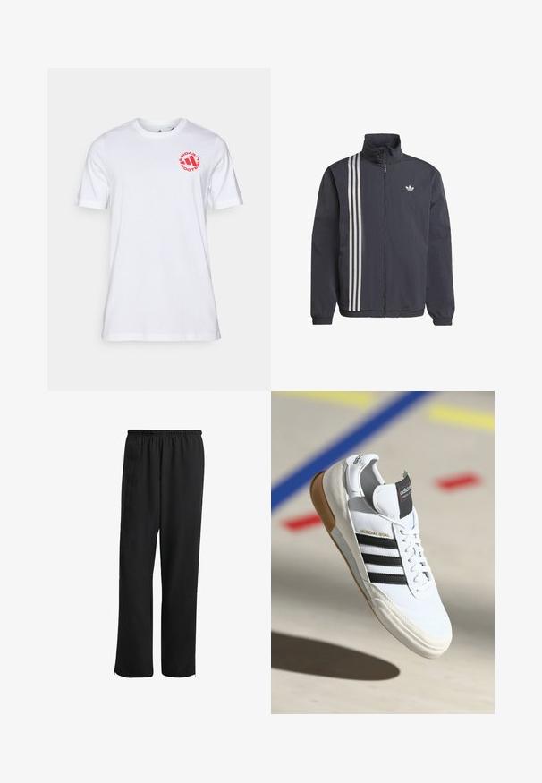 Sort zip-jakke med høj krave, der har tre hvide lodrette striber på venstre side og et lille logo på brystet. Letvægtsmateriale.; Hvid bomulds t-shirt med rund halsudskæring og korte ærmer. Rød cirkulær logo med teksten "ADIDAS FOOTBALL" på brystet.; Sorte træningsbukser med elastisk talje, lige ben, sidelommer og lynlåse ved anklerne, lavet af et glat, letvægtigt stof.; Hvide Adidas Mundial Goal sneakers med sorte striber og gummisål, vist midt i luften over en sportsplads med farvede linjer.