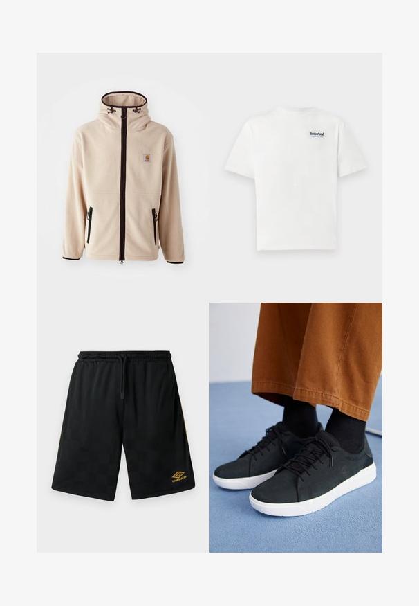Bežinė fliso striukė su aukštu apykakle, juodais užtrauktukais ir šoninėmis kišenėmis. Puošia logotipo pleistras ant krūtinės ir kontrastingi juodi apvadai.; Balta medvilnė marškinėliai su mėlynu siuvinėtu "Timberland Rugged Active Gear" logotipu kairiajame krūtinės viršuje. Trumpi rankovės ir apvalus kaklas.; Juodi sportiniai šortai su subtiliu languotu raštu, elastinga juosmens juosta su juostele, auksinė Umbro logo ant apatinės kojos ir auksinės šoninės juostelės.; Juodi zomšiniai sneakeriai su baltais guminiais padais, su raištelių uždėjimo dizainu, tekstūruotais akcentais ir subtiliu prekių ženklu, derinami su rudomis kelnėmis.