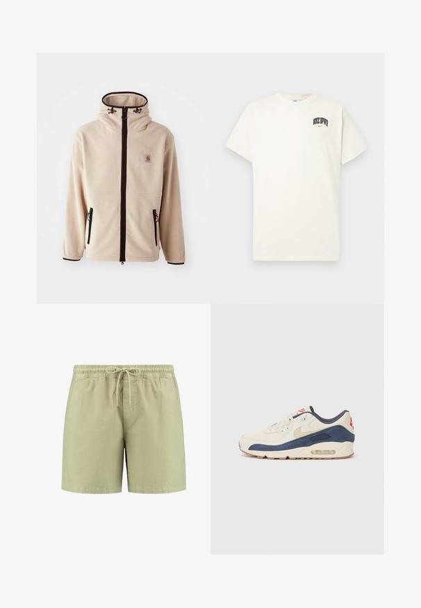 Beige fleecejakke med høj krave, sorte lynlåse og sidelommer. Har et logo patch på brystet og kontrastfarvet sort kanterne.; Cremefarvet bomulds t-shirt med korte ærmer, der har "NIKE SB" i sort og rød tekst på brystet. Standard rund halsudskæring.; Lysegrønne shorts lavet af blødt stof, med en elastisk talje og snoretræk, sideskader og en afslappet pasform.; Sneakers med en overdel i cremefarvet læder og marineblå ruskind, med en synlig luftsål, beige gummisål og røde detaljer på hælen.