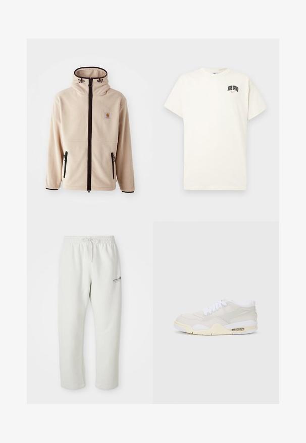 Bežinė fliso striukė su aukštu apykakle, juodais užtrauktukais ir šoninėmis kišenėmis. Puošia logotipo pleistras ant krūtinės ir kontrastingi juodi apvadai.; Kremo spalvos medvilninis marškinėlis trumpomis rankovėmis, su "NIKE SB" juodu ir raudonu tekstu ant krūtinės. Standartinė apvali iškirptė.; Šviesiai pilki sportiniai džinsai, pagaminti iš minkštos medžiagos, su elastingu juosmeniu ir raišteliu bei mažyčiu logotipo elementu ant kairiojo šlaunies.; Batai sportiniai su šviesiai smėline sintetine apdaila, baltais raišteliais ir matoma amortizacija. Ypatybių sąraše – lygus padas ir subtilūs šoninės detalės.