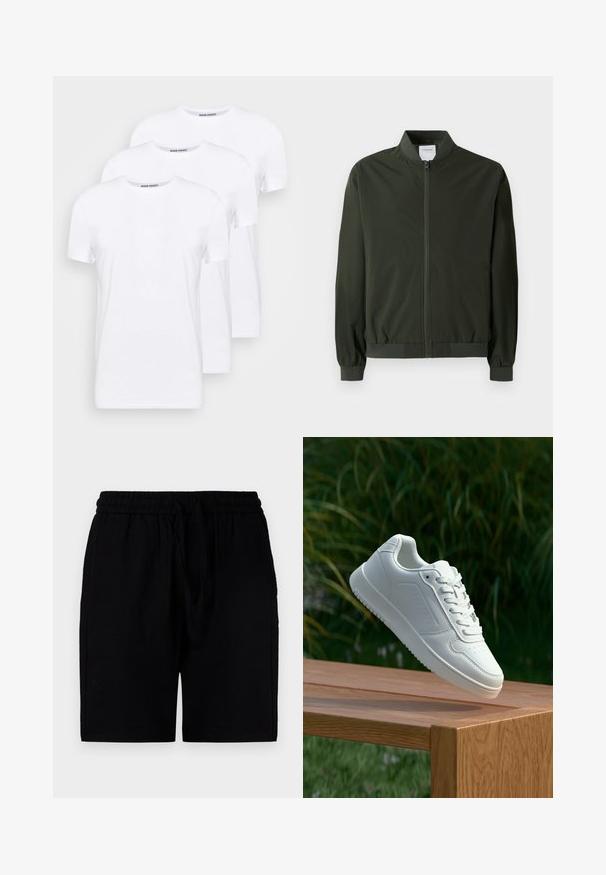 Olive green bomber jacket made of smooth nylon, featuring a front zipper, ribbed cuffs, and a rounded collar. No visible patterns or accents.; Pack of three plain white t-shirts, crew neck design, short sleeves, made from soft cotton fabric with a smooth texture.; Black shorts made of a lightweight material, featuring an elastic waistband with a drawstring, side pockets, and a relaxed cut.; White sneaker with a smooth synthetic upper, perforated toe box, flat laces, and a textured sole, displayed on a wooden surface.