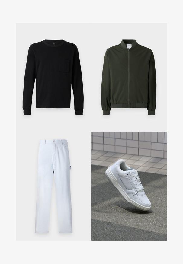 Olive green bomber jacket made of smooth nylon, featuring a front zipper, ribbed cuffs, and a rounded collar. No visible patterns or accents.; Black long-sleeve t-shirt made of soft cotton, featuring a crew neck, ribbed cuffs, and a small chest pocket. Minimalist design.; Light blue striped trousers made of cotton. Straight-leg design, featuring a front button closure and side pockets. Soft texture.; White leather sneaker with perforated sides, textured accents, flat laces, and a contrasting gray heel. Features a slightly elevated sole.