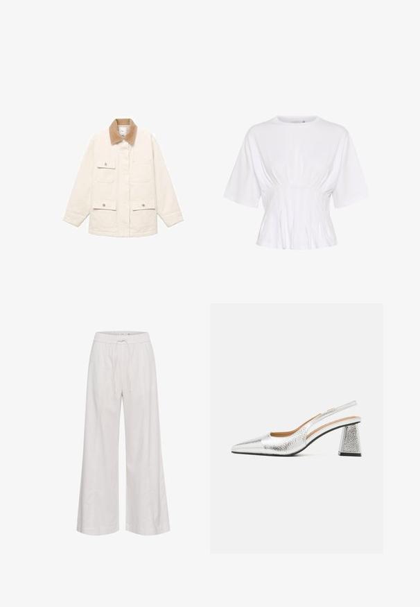 Krémová bunda s kordovým límcem, čtyřmi předními kapsami a zapínáním na patentky. Dlouhé rukávy s rovný střih.; Bílý krátký rukáv top vyrobený z měkké tkaniny, s kulatým výstřihem a nabíranými detaily v pase pro přiléhavý vzhled.; Široké kalhoty z měkké bílé tkaniny, s elastickým pasem a stahovací šňůrkou, hladkou texturou a bez dalších ozdob.; Stříbrné slingback lodičky s špičatou špičkou, texturovaným kovovým povrchem a trojúhelníkovým blokovým podpatkem. Interiér obsahuje hnědé kožené detaily.