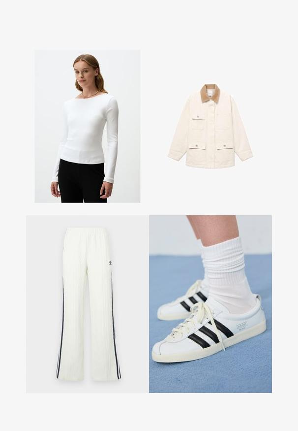 Cream-colored jacket featuring a corduroy collar, four front pockets, and snap-button closures. Long sleeves with a straight cut design.; White long-sleeve ribbed top with a round neckline, featuring a slim fit and smooth texture, paired with black pants. Simple design.; Light cream, cable-knit pants with a flared design. Features dark blue side stripes and an Adidas logo on the hip. Elastic waistband.; White leather sneakers with black stripes, cream outsole, and light laces. Worn with white ribbed socks, positioned on blue background.