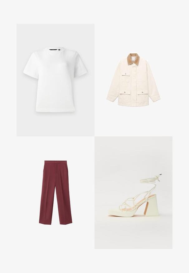 Cremefarbene Jacke mit einem Cordkragen, vier Vordertaschen und Druckknopfverschlüssen. Lange, gerade geschnittene Ärmel.; Weißes T-Shirt mit kurzen Ärmeln aus glattem Baumwollstoff, ausgestattet mit einem runden Halsausschnitt und einem lässigen Schnitt mit genähten Säumen.; Weinrote Hose mit weitem Bein aus glattem Material, ausgestattet mit seitlichen Taschen und einem hohen Taillendesign. Mit einem klaren vorderen Bügel gefaltet.; Weiße High-Heel-Sandale mit einem klobigen Absatz, die über ein Riemchendesign und ein Knöchelband verfügt. Glatte Textur mit einer Plattform vorne für zusätzliche Höhe.