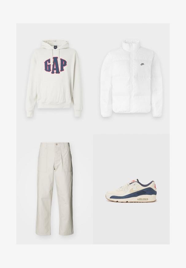 Balta pūkainā jaka ar augstu apkakli, ar rāvējslēdzēju un melno Nike logo kreisajā krūšu daļā. Gluda tekstūra, piesūcināts dizains un polsterējums.; Krēmkrāsas kapuce ar lielu sarkano un tumši zilo "GAP" logotipu. Iekļauj priekšējo kabatu un kapuci ar aukliņu. Mīksts, tekstūrēts audums.; Gaiši bežs platā kāju bikses, izgatavotas no kokvilnas. Iekļautas priekšējās kabatas un pogu aizdare. Gluda tekstūra ar smalkām vertikālām līnijām.; Apavi ar krēmīgu ādas un tumši zilu zamša augšdaļu, ar redzamu gaisa zoli, bēša gumijas zoli un sarkanu akcentu uz papēža.