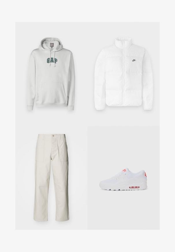Giacca a vento bianca con colletto alto, chiusura con zip e logo Nike nero sul lato sinistro del petto. Tessuto liscio, design trapuntato e imbottita.; GAP TONAL ARCH - Felpa con cappuccio - carls stone; Pantaloni a gamba larga beige chiaro in cotone. Presentano tasche frontali e chiusura con bottone. Tessuto liscio con sottili linee verticali.; Sneaker atletica bianca con tomaia liscia, chiusura con lacci, suola ammortizzata e un'unità d'aria visibile con accenti rossi sul branding.