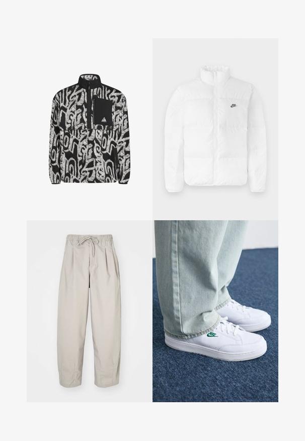 Casaco de puffer branco com colarinho alto, fecho zip e logotipo preto da Nike no lado esquerdo do peito. Textura suave, design acolchoado e forrado.; Pullover de fleece preto e branco com padrão abstracto, fecho de meia zip, e bolso no peito preto com um patch de logótipo.; Calças leves, bege, com cintura elástica e cordão. Apresenta pregas e um corte largo, confeccionadas em tecido suave e liso.; Tênis de couro brancos com logo verde da Nike, bico redondo, sola plana, combinados com calças de denim azul claro, exibidos sobre um tapete azul.