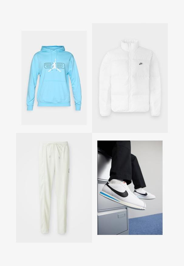 Biela nafukovacia bunda s vysokým golierom, zipsovým zapínaním a čiernym logom Nike na ľavej hrudi. Hladká textúra, prešívaný dizajn a polstrovaná.; Svetlomodrá mikina s kapucňou a predným vreckom, s bielym grafickým logom a čiernym textom. Mäkká tkanina a štandardný strih.; Biele slim-fit teplákové nohavice s elastickým pásom a šnúrkou, s bočnými švovými detailmi a malou čiernou nášivkou na pravej nohe.; Biele kožené tenisky s čiernym logom Nike, svetlomodrou a šedou gumovou podrážkou a klasickým šnurovacím dizajnom. Nohy položené na fileciante.