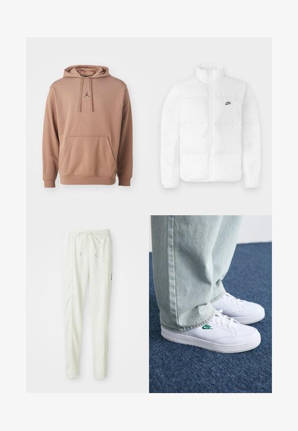 Chaqueta de plumas blanca con un cuello alto, cierre de cremallera y logo negro de Nike en el lado izquierdo del pecho. Textura suave, diseño acolchado y con relleno.; Jordan CROSSOVER FLEECE - Jersey con capucha - archaeo brown black; Pantalones jogger ajustados blancos con cintura elástica y cordón, que presentan detalles en las costuras laterales y un pequeño parche negro en la pierna derecha.; Zapatillas de cuero blanco con logo de Nike verde, puntera redonda, suela plana, combinadas con pantalones de mezclilla azul claro, sobre una alfombra azul.