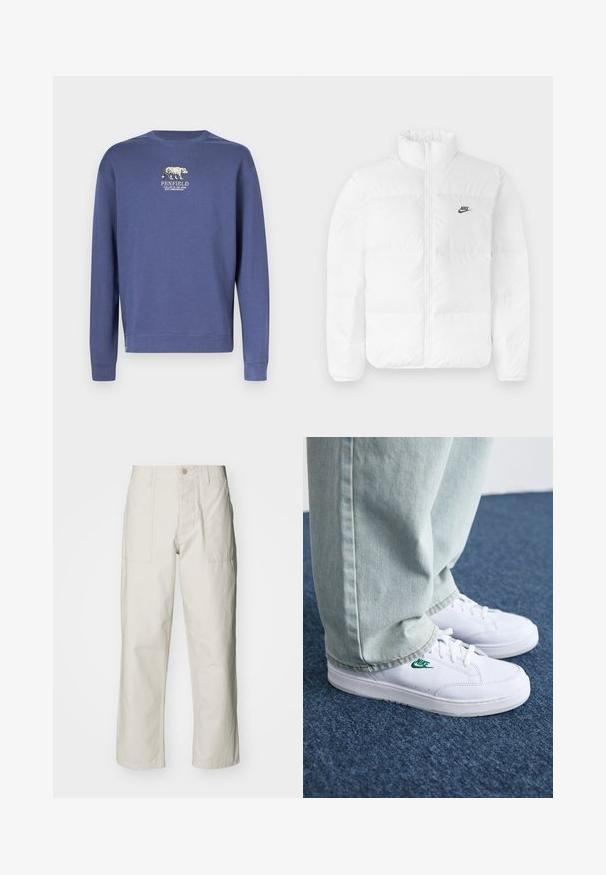White puffer jacket with a high collar, zip closure, and black Nike logo on the left chest. Smooth texture, quilted design, and padded.; Purple sweatshirt with crew neck; embroidered bear logo and text "PENFIELD" above. Soft fabric, ribbed cuffs and hem. Classic fit.; Light beige wide-leg pants made of cotton. Features front pockets and a button closure. Smooth texture with subtle vertical lines.; White leather sneakers with green Nike logo, round toe, flat sole, paired with light blue denim pants, shown on a blue carpet.