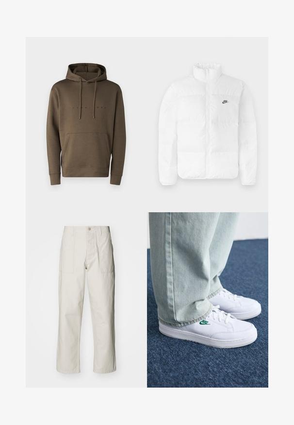 Veste en duvet blanche avec un col haut, fermeture zippée et logo Nike noir sur la poitrine gauche. Texture lisse, design matelassé et rembourrée.; Sweatshirt à capuche marron avec cordons, poche kangourou à l'avant et un logo imprimé en noir sur la poitrine. Texture de tissu douce.; Pantalons larges beige clair en coton. Dotés de poches avant et d'une fermeture à bouton. Texture lisse avec de légères lignes verticales.; Baskets en cuir blanc avec logo Nike vert, bout rond, semelle plate, associées à un pantalon en denim bleu clair, présentées sur un tapis bleu.