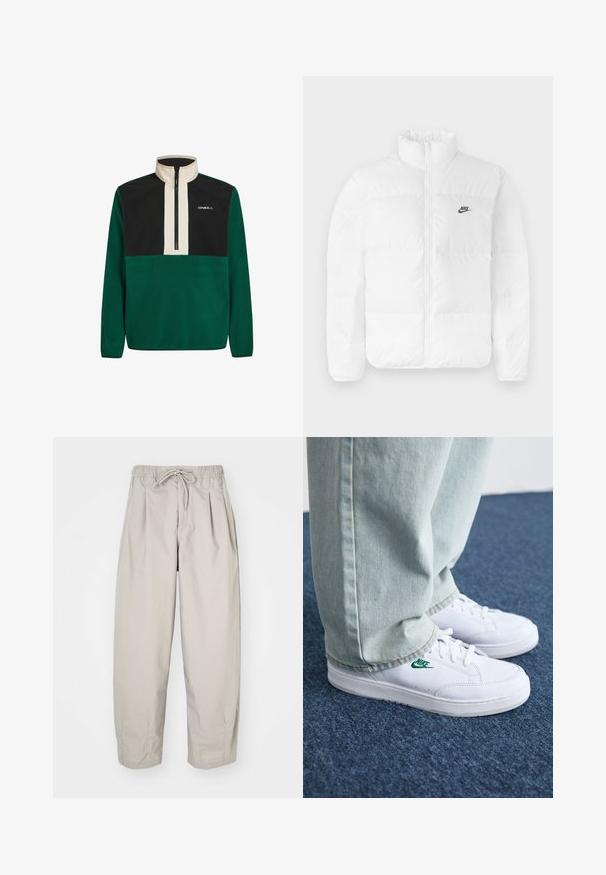 Casaco de puffer branco com colarinho alto, fecho zip e logotipo preto da Nike no lado esquerdo do peito. Textura suave, design acolchoado e forrado.; Pullover em fleece verde e preto com colarinho alto, fecho de zíper na frente até meio e logótipo. Apresenta cores sólidas e uma textura suave em todo o produto.; Calças leves, bege, com cintura elástica e cordão. Apresenta pregas e um corte largo, confeccionadas em tecido suave e liso.; Tênis de couro brancos com logo verde da Nike, bico redondo, sola plana, combinados com calças de denim azul claro, exibidos sobre um tapete azul.