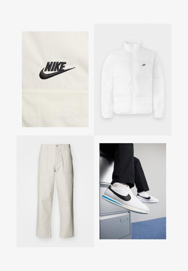 Giacca a vento bianca con colletto alto, chiusura con zip e logo Nike nero sul lato sinistro del petto. Tessuto liscio, design trapuntato e imbottita.; Nike Sportswear SHORT-SLEEVE OXFORD - Camicia - sail black; Pantaloni a gamba larga beige chiaro in cotone. Presentano tasche frontali e chiusura con bottone. Tessuto liscio con sottili linee verticali.; Sneakers in pelle bianca con uno swoosh Nike nero, suola in gomma leggera blu e grigia, e un classico design con lacci. I piedi poggiano su un armadietto.