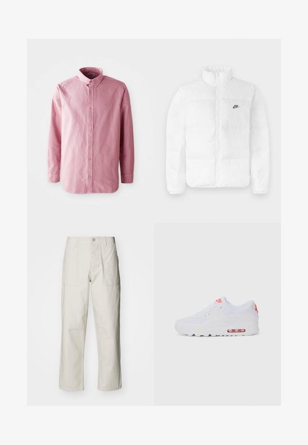 Fehér puffertakaró magas gallérral, cipzáros záródással és fekete Nike logóval a bal mellrészen. Sima textúrájú, steppelt kialakítású és párnázott.; Hosszú ujjú, gombos ing világos rózsaszín anyagból. Klasszikus gallérral, elöl hat gombbal és egy diszkrét logóval a mellkasán.; Világos bézs, bő szárú nadrág, pamutból készült. Elöl zsebekkel és gombos záródással rendelkezik. Simított textúrájú, finom függőleges csíkokkal.; Fehér sportcipő, sima felsőrésszel, fűzős zárással, párnázott talppal és látható légpárnával, piros részletekkel a logón.