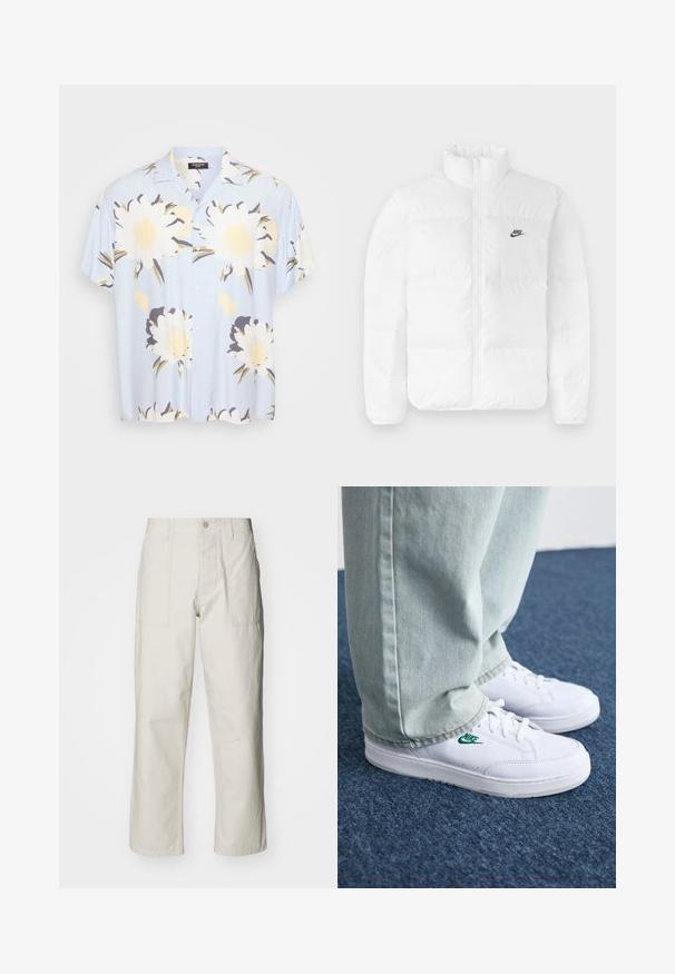 Weiße Puffjacke mit hohem Kragen, Reißverschluss und schwarzem Nike-Logo auf der linken Brust. Glatte Textur, gestepptes Design und gepolstert.; Himmelblaues Kurzarmhemd mit großen weißen und gelben Blumenmustern, Druckknopfverschluss, klassischem Kragen und lässiger Passform.; Helle beige weit geschnittene Hose aus Baumwolle. Verfügt über Fronttaschen und einen Knopfverschluss. Glatte Textur mit dezenten vertikalen Streifen.; Weiße Leder-Sneaker mit grünem Nike-Logo, runde Zehenpartie, flache Sohle, kombiniert mit hellblauen Jeans, präsentiert auf einem blauen Teppich.