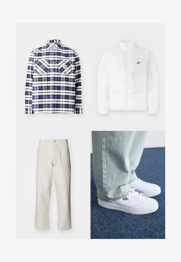 Giacca a vento bianca con colletto alto, chiusura con zip e logo Nike nero sul lato sinistro del petto. Tessuto liscio, design trapuntato e imbottita.; Camicia a quadri in tonalità blu e bianco, con due tasche frontali, chiusura a bottoni e colletto pieghevole. Realizzata in un tessuto leggero.; Pantaloni a gamba larga beige chiaro in cotone. Presentano tasche frontali e chiusura con bottone. Tessuto liscio con sottili linee verticali.; Sneakers in pelle bianca con logo Nike verde, punta rotonda, suola piatta, abbinati a pantaloni in denim azzurro, mostrati su un tappeto blu.
