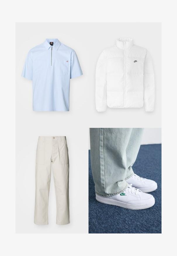 Valge puhvjakas kõrge kraega, lukuga sulgemine ja must Nike logo vasakul rinnal. Üksikasjalik tekstuur, tepitud disain ja polsterdatud.; Lühikeste käistega helesinine särk, millel on terav krae, ees tõmblukk ja kaks suurt klapiga taskut. Valmistatud siledast kangast ja mugava lõikega.; Heledbeez värvi laiad püksid, mis on valmistatud puuvillast. Omavad esi-taskuid ja nupuga sulgemist. Sile tekstuur, millel on õrnad vertikaalsed jooned.; Valged nahast tennisetossud rohelise Nike logo ja ümarate varvastega, lamedate taldadega, koos helesiniste teksapükstega, esitatud sinisel vaibal.