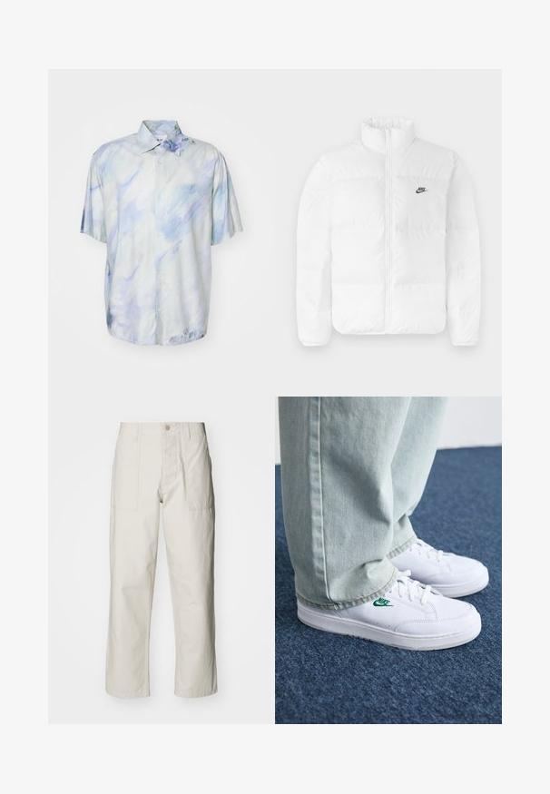 Fehér puffertakaró magas gallérral, cipzáros záródással és fekete Nike logóval a bal mellrészen. Sima textúrájú, steppelt kialakítású és párnázott.; Rövidujjú, világoskék és fehér gombos ing, absztrakt akvarel mintával; puha anyagból készült; laza fazon és gallér részlet.; Világos bézs, bő szárú nadrág, pamutból készült. Elöl zsebekkel és gombos záródással rendelkezik. Simított textúrájú, finom függőleges csíkokkal.; Fehér bőr sportcipők zöld Nike logóval, kerek orral, lapos talppal, világoskék farmernadrággal párosítva, kék szőnyegen bemutatva.