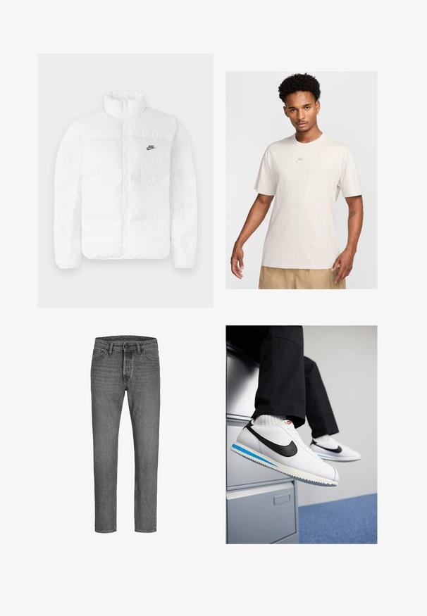 Balta pūkainā jaka ar augstu apkakli, ar rāvējslēdzēju un melno Nike logo kreisajā krūšu daļā. Gluda tekstūra, piesūcināts dizains un polsterējums.; Vīrietis ar īsiem, viļņainiem matiem, uzvilcis bežīgu Nike t-kreklu un khaki šortus, skatās uz priekšu pret vienkāršu gaismas fona.; Pelēki denimi džinsi ar taisnu piegriezumu, piecu kabatu dizainu un metāla pogu aizdari. Labi valkāta tekstūra un smalka izbalēšana visā virsmā.; Baltas ādas sporta apavi ar melnu Nike zīmi, gaiši zilu un pelēku gumijas zoli un klasisku auklu dizainu. Kājām atpūšoties uz dokumentu skapja.