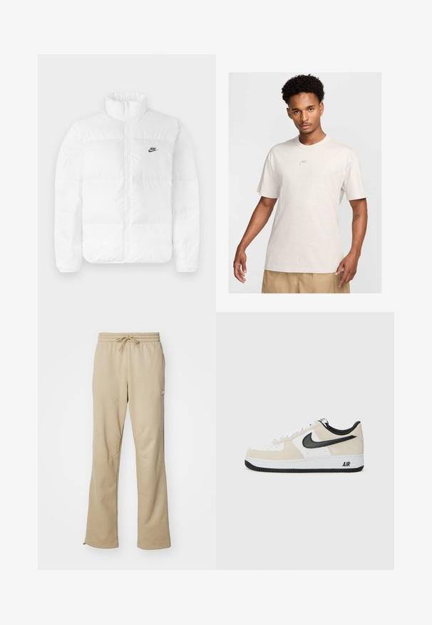 Fehér puffertakaró magas gallérral, cipzáros záródással és fekete Nike logóval a bal mellrészen. Sima textúrájú, steppelt kialakítású és párnázott.; Rövid göndör hajú férfi bézs Nike pólót és khaki sortot visel, előre néz egy sima világos háttér előtt.; Puha anyagból készült bézs melegítőnadrág, húzózsinóros derékkal, bővülő lábszárral és ferde varrásokkal a formáért. Kis logó dísz a szélén.; Világos bézs suede és fehér bőr felsőrésszel rendelkező sportcipők, fekete Nike logo, fekete részletek és fehér gumitalp, amelyen "AIR" felirat található.
