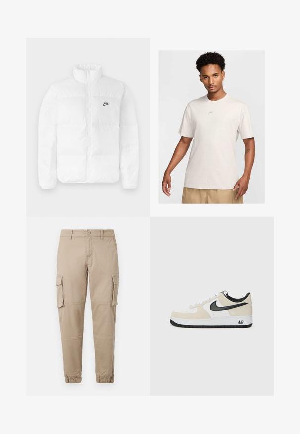 Bijela pufasta jakna s visokim ovratnikom, zatvaranjem na zip i crnim Nike logotipom na lijevoj strani prsiju. Glatka tekstura, kvadratni dizajn i podstavljena.; Muž s kratkom kovrčavom kosom nosi bež Nike majicu i khaki kratke hlače, gleda prema naprijed na jednoličnoj svijetloj pozadini.; Bež cargo hlače od laganog pamuka. Imaju elastične manžete, više bočnih džepova i kopčanje na dugme.; Tenisice sa svijetlosmešavom suedinom i bijelim kožnim gornjištem, crnim Nike swoosh-om, crnim detaljima i bijelom gumiranom potplatom s "AIR" brendingom.