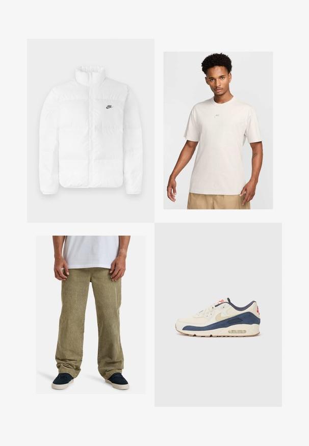 Casaco de puffer branco com colarinho alto, fecho zip e logotipo preto da Nike no lado esquerdo do peito. Textura suave, design acolchoado e forrado.; Homem com cabelo curto e encaracolado usa uma t-shirt bege da Nike e calções caqui, virado para a frente contra um fundo claro simple.; Calças de corduroy verde-oliva com um corte descontraído, apresentando pernas retas, bolsos laterais e uma textura visível do tecido nervurado.; Tênis com parte superior em couro creme e camurça azul-marinho, apresentando uma sola de ar visível, solado em borracha bege e um detalhe vermelho no calcanhar.