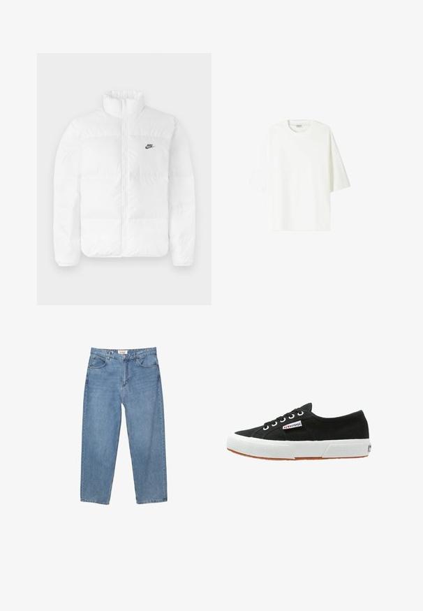 Biała kurtka puchowa z wysokim kołnierzem, zapięciem na zamek oraz czarnym logo Nike na lewym piersi. Gładka tekstura, pikowany wzór i ocieplenie.; Biała koszulka z krótkim rękawem wykonana z bawełny, z okrągłym dekoltem i luźnym krojem oraz prostym wykończeniem hemu.; Jasnoniebieskie dżinsy o prostym kroju nogawki, pięć kieszeni, z widoczną metką marki na pasku.; Czarne płócienne trampki z białą gumową podeszwą i brązową gumową podeszwą zewnętrzną. Posiadają okrągły czubek, sznurowaną konstrukcję oraz małą metkę z logo po boku.