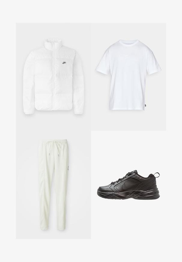 Λευκό μπουφάν με φουσκωτό σχέδιο, ψηλό γιακά, κλείσιμο με φερμουάρ και μαύρο λογότυπο Nike στο αριστερό μέρος του στήθους. Λείος υφασμάτινος τύπος, με καπιτονέ σχέδιο και επενδεδυμένο.; Λευκό βαμβακερό μπλουζάκι με κοντά μανίκια και στρογγυλή λαιμόκοψη. Διαθέτει ένα μικρό, διακριτικό λογότυπο Nike στο στήθος και μια ετικέτα στο πλάι.; Λευκά εφαρμοστά jogger παντελόνια με ελαστική μέση και κορδόνι, που διαθέτουν πλαινά ραφάκια και μία μικρή μαύρη πατίνα στο δεξί πόδι.; Μαύρο αθλητικό παπούτσι με επάνω από δέρμα και πλέγμα. Διαθέτει στρογγυλή μύτη, κορδόνια μπροστά, επενδεδυμένο κολάρο και υφή στη σόλα για πρόσφυση.