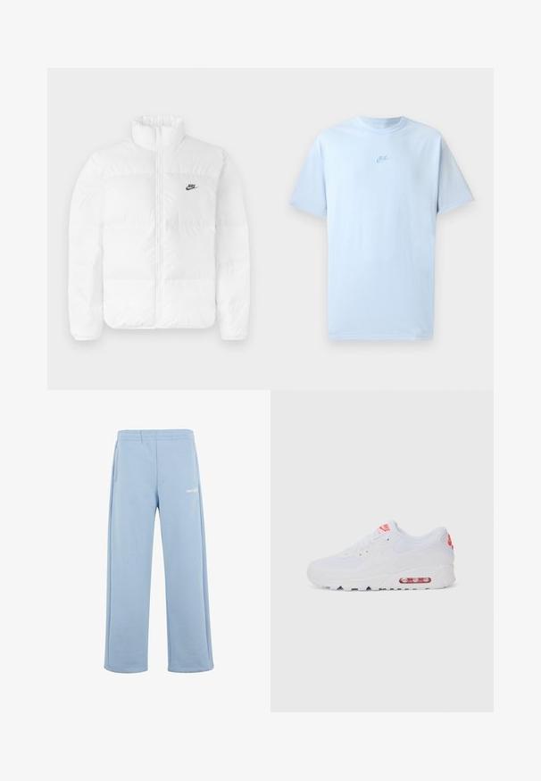Fehér puffertakaró magas gallérral, cipzáros záródással és fekete Nike logóval a bal mellrészen. Sima textúrájú, steppelt kialakítású és párnázott.; Égszínkék pamut póló rövid ujjakkal, kerek nyakkivágással és a mellkason található, enyhén sötétebb kékkel hímzett Nike logóval.; Világoskék, pamut keverékből készült melegítőnadrág, rugalmas derékkal, oldalsó zsebekkel és fehér logóval a bal combon.; Fehér sportcipő, sima felsőrésszel, fűzős zárással, párnázott talppal és látható légpárnával, piros részletekkel a logón.