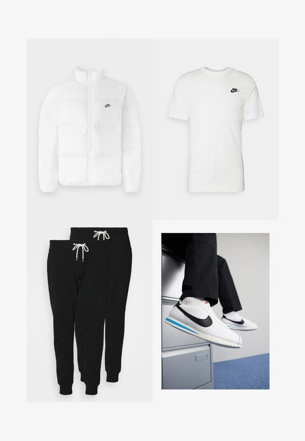 Hvit pufferjakke med høy krage, glidelås og svart Nike-logo på venstre bryst. Glatt tekstur, quiltet design og polstret.; Hvit bomull t-skjorte med korte ermer, rund hals og en svart Nike-logo på venstre bryst. Jevn tekstur og klassisk passform.; Svarte bomullssweatpants med snor i livet, innsnevret ben og ribbestrikkede mansjetter; viser to par.; Hvite lær sneakers med en svart Nike swoosh, lys blå og grå gummisåle, og klassisk snøring. Føttene hviler på et arkivskap.
