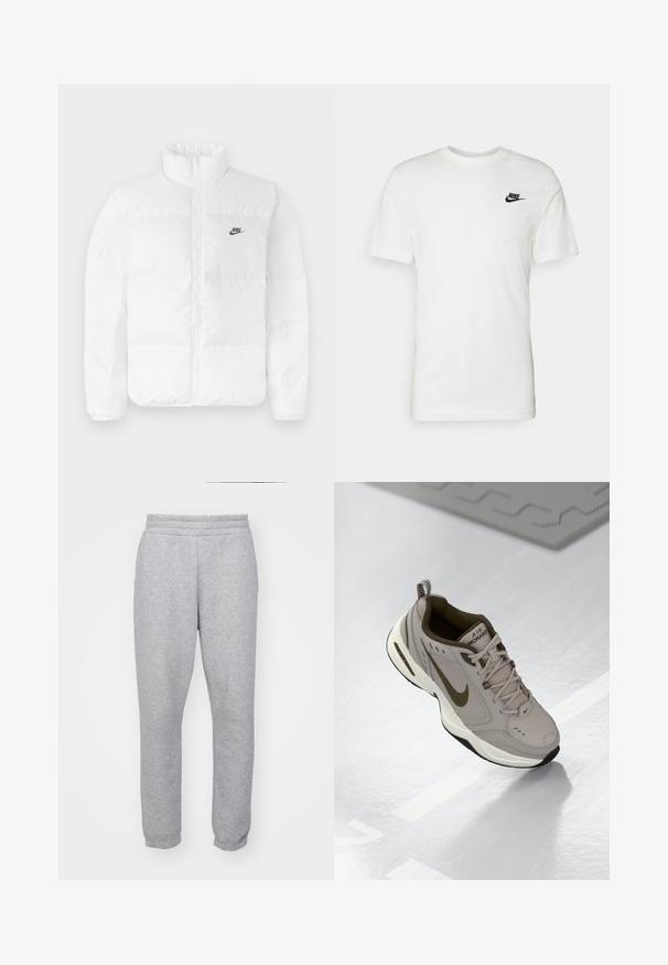 Balta pūkinė striukė su aukštu apykakle, užtrauktuku ir juodu Nike logo kairėje krūtinėje. Lygi tekstūra, kvadratų dizainas ir paminkštinta.; Balta medvilninė trumpomis rankovėmis marškinėliai su apvalia iškirpte ir juodu Nike logotipu kairėje krūtinės pusėje. Lygus paviršius ir klasikinis siluetas.; Pilki treninginiai keliai, pagaminti iš minkštos medžiagos, su elastinga juostos dalimi ir prigludusiomis rankovėmis, suteikiančiomis aptakų siluetą. Kišenės nematomos.; Nike Air Monarch IV sportbačiai, šviesiai pilkos odos, su apvaliu pirštu, juodu gumuotu padu, smėlio spalvos raišteliais ir auksiniu logotipu šone.