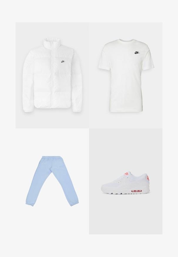 Balta pūkainā jaka ar augstu apkakli, ar rāvējslēdzēju un melno Nike logo kreisajā krūšu daļā. Gluda tekstūra, piesūcināts dizains un polsterējums.; Balta kokvilnas T-kreklu ar īsām piedurknēm, apaļu kakla izgriezumu un melnu Nike logotipu kreisajā krūtīs. Gluda tekstūra un klasiskā piegriezuma siluets.; Gaiši zili sporta bikses, kas izgatavotas no mīksta materiāla, ar elastīgu jostu, sašaurinātām kājām un smalku logo detaļu sānos.; Baltas sporta apavi ar gludu augšdaļu, saitēm, mīkstu zoli un redzamu gaisa vienību ar sarkaniem akcentiem uz zīmola.