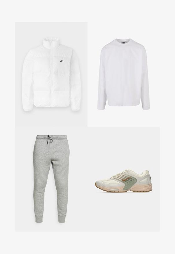 Balta pūkinė striukė su aukštu apykakle, užtrauktuku ir juodu Nike logo kairėje krūtinėje. Lygi tekstūra, kvadratų dizainas ir paminkštinta.; Ilgas rankovės baltas medvilnės marškinėliai su apvalia iškirpte, laisva siluetu, be matomų raštų ar akcentų. Lygi tekstūra.; Pilkos sportinės kelnės, pagamintos iš minkštos medvilnės ir sintetinio pluošto mišinio, su elastinga juosta ir raišteliu bei guma ant čiurnų.; Žemų sportinių batelių beigi spalvos su šviesiai žaliu šoniniu paneliu, balto tinklo viršumi, rudos spalvos Nike swoosh logotipu ir beigi spalvos padu su matoma oro pagalve.