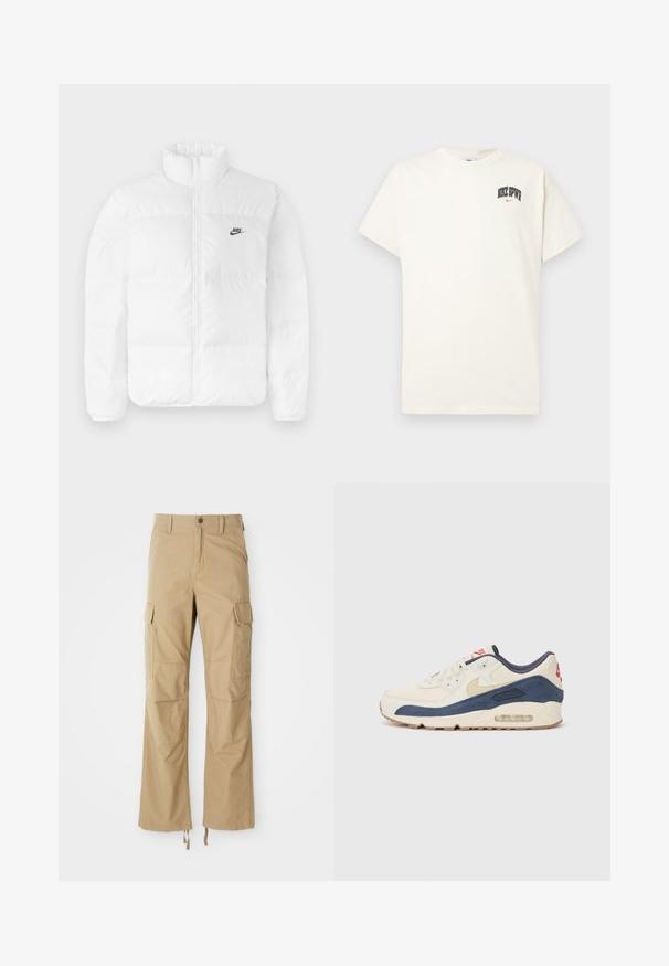 Casaco de puffer branco com colarinho alto, fecho zip e logotipo preto da Nike no lado esquerdo do peito. Textura suave, design acolchoado e forrado.; T-shirt de algodão na cor creme com mangas curtas, apresentando "NIKE SB" em texto preto e vermelho no peito. Gola redonda padrão.; Calças cargo em caqui, feitas de tecido durável, com múltiplos bolsos laterais, um design de perna reta e cordões ajustáveis na bainha.; Tênis com parte superior em couro creme e camurça azul-marinho, apresentando uma sola de ar visível, solado em borracha bege e um detalhe vermelho no calcanhar.
