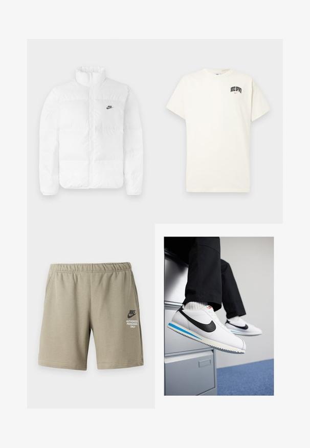 Casaco de puffer branco com colarinho alto, fecho zip e logotipo preto da Nike no lado esquerdo do peito. Textura suave, design acolchoado e forrado.; T-shirt de algodão na cor creme com mangas curtas, apresentando "NIKE SB" em texto preto e vermelho no peito. Gola redonda padrão.; Calções de algodão cor caqui com uma cintura elástica e bolsos laterais. Apresenta uma impressão branca: "APENAS PESSOAL AUTORIZADO" e logotipo. Textura suave.; Ténis brancos de couro com um swoosh da Nike preto, sola de borracha azul claro e cinza, e design clássico de atacadores. Pés descansando sobre uma secretaria.