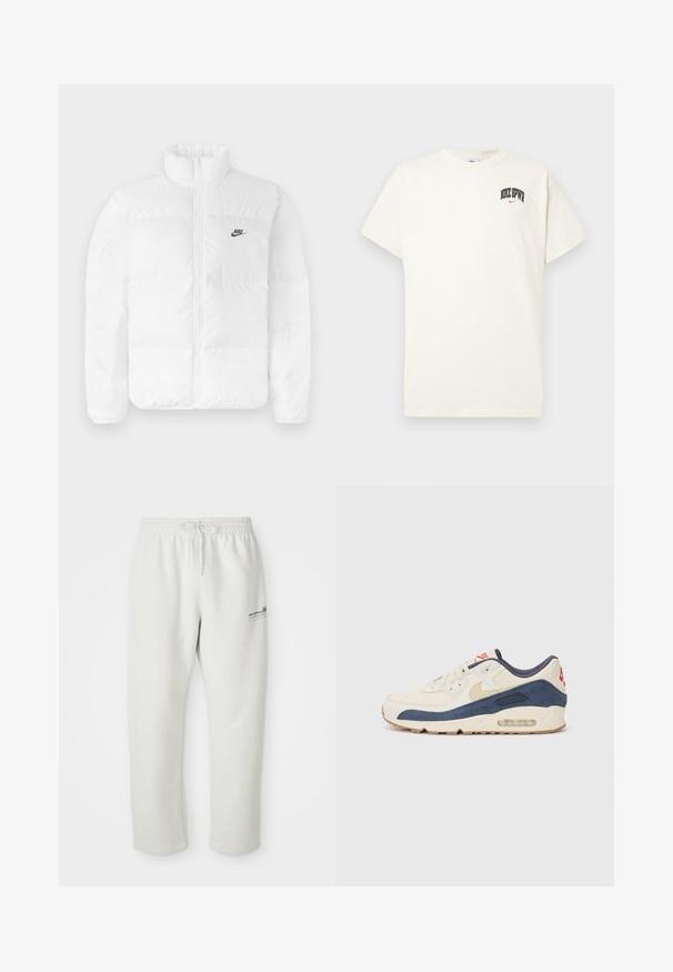 Fehér puffertakaró magas gallérral, cipzáros záródással és fekete Nike logóval a bal mellrészen. Sima textúrájú, steppelt kialakítású és párnázott.; Krém színű pamut póló rövid ujjakkal, fekete és piros "NIKE SB" felirattal a mellkasán. Standard kerek nyakkivágással.; Világosszürke melegítőnadrág puha anyagból, elasztikus derékkal és húzózsinórral, bal combján pedig egy kis logóval.; Tejszínbőr és tengerészkék velúr felsőrésszel rendelkező sporty cipők, látható légsóléval, bézs gumitalppal és piros részlettel a saroknál.