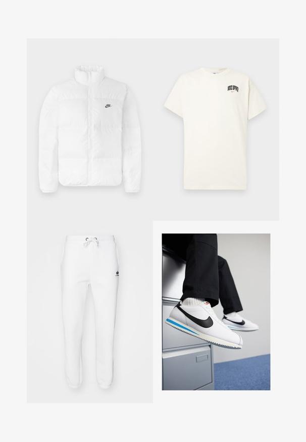 Balta pūkainā jaka ar augstu apkakli, ar rāvējslēdzēju un melno Nike logo kreisajā krūšu daļā. Gluda tekstūra, piesūcināts dizains un polsterējums.; Kremkrāsas kokvilnas T-krekls ar īsām piedurknēm, ar uzrakstu "NIKE SB" melnā un sarkanā krāsā uz krūtīm. Standarta apaļa apkakle.; Baltie sporta bikses, kas izgatavotas no kokvilnas maisījuma, ar elastīgu jostasvietu un saites, sānu kabatām un ribotām piedurknēm ar logotipa akcentu.; Baltas ādas sporta apavi ar melnu Nike zīmi, gaiši zilu un pelēku gumijas zoli un klasisku auklu dizainu. Kājām atpūšoties uz dokumentu skapja.