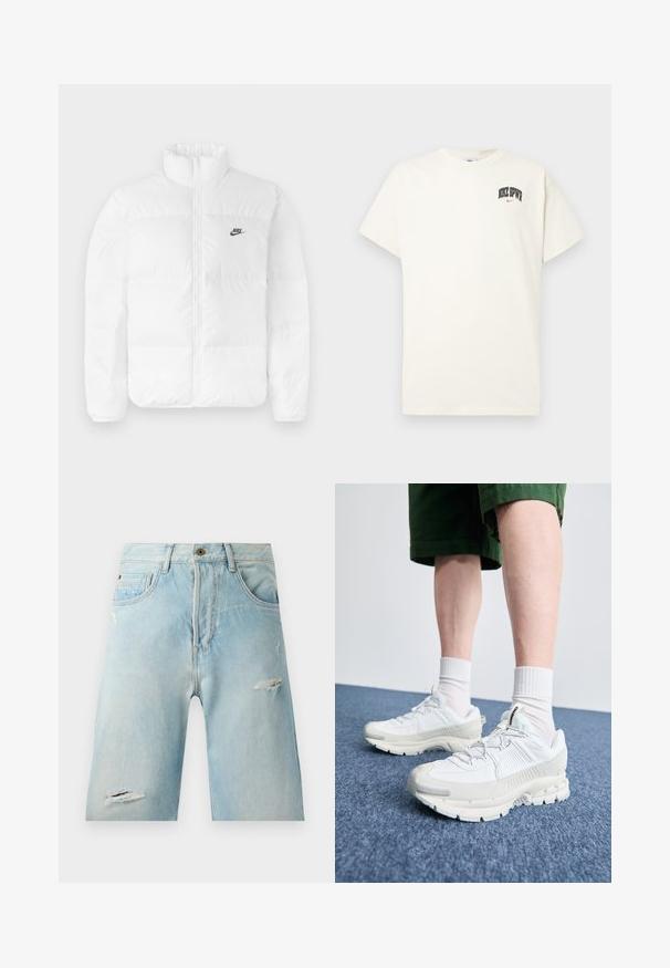 Biela nafukovacia bunda s vysokým golierom, zipsovým zapínaním a čiernym logom Nike na ľavej hrudi. Hladká textúra, prešívaný dizajn a polstrovaná.; Krémová bavlnená tričko s krátkymi rukávmi, s nápisom "NIKE SB" v čiernej a červenej farbe na hrudi. Štandardný okrúhly výstrih.; Svetlomodré denim šortky s voľným strihom, so zničenými prvkami, bočnými vreckami a s jedným uzáverom na vrchu.; Biele športové topánky s textúrovanými prešívaniami, robustnou podrážkou a sivými akcentami. Nosené s bielymi ponožkami po členky a zelenými šortkami na modrom povrchu.