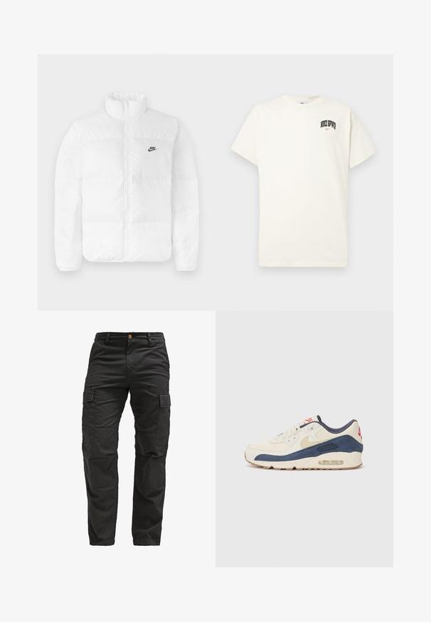 Bijela pufasta jakna s visokim ovratnikom, zatvaranjem na zip i crnim Nike logotipom na lijevoj strani prsiju. Glatka tekstura, kvadratni dizajn i podstavljena.; Pamučni majica boje kreme s kratkim rukavima, na prsima ima natpis "NIKE SB" u crnoj i crvenoj boji. Standardni okrugli izrez.; Crne cargo hlače napravljene od izdržljivog materijala s višestrukim bočnim džepovima, zatvaranjem na gumb i ravnim nogavicama. Imaju teksturirani materijal.; Tenisice s gornjim dijelom od kremaste kože i tamnoplavog antilopa, sa vidljivim zračnim uloškom, bež gumiranim potplatom i crvenim naglaskom na peti.