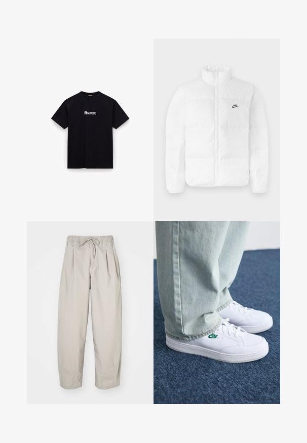 White puffer jacket with a high collar, zip closure, and black Nike logo on the left chest. Smooth texture, quilted design, and padded.; Black cotton t-shirt with a round neck, short sleeves, and white stylized text logo on the chest. Smooth texture, casual fit.; Beige, lightweight trousers with an elastic waistband and drawstring. Features pleats and a loose fit, crafted from soft, smooth fabric.; White leather sneakers with green Nike logo, round toe, flat sole, paired with light blue denim pants, shown on a blue carpet.