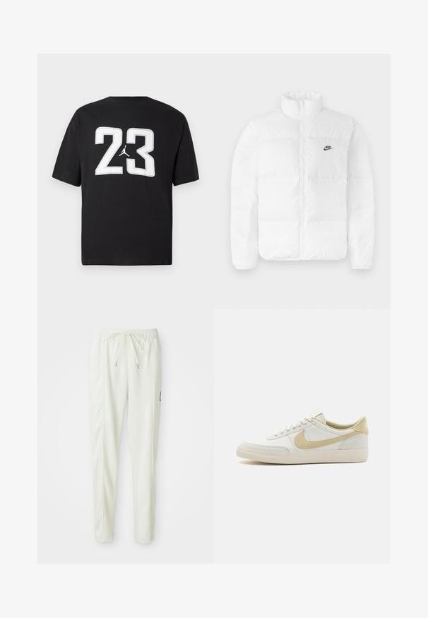 White puffer jacket with a high collar, zip closure, and black Nike logo on the left chest. Smooth texture, quilted design, and padded.; Black cotton t-shirt featuring a large white "23" and a Jumpman logo on the front; short sleeves and a classic crew neck design.; White slim-fit jogger pants with elastic waistband and drawstring, featuring side seam detailing and a small black patch on the right leg.; White leather sneaker with off-white sole, light beige accents, and textured surface. Features central lacing and prominent side logo.