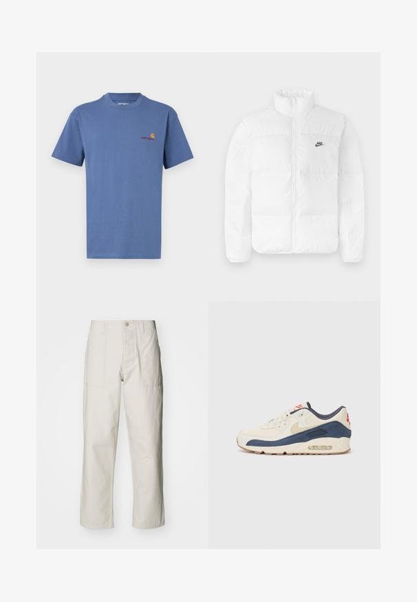 Biela nafukovacia bunda s vysokým golierom, zipsovým zapínaním a čiernym logom Nike na ľavej hrudi. Hladká textúra, prešívaný dizajn a polstrovaná.; Modrá bavlnená tričko s okrúhlym výstrihom. Na ľavej hrudi má malé logo Carhartt v červenej a žltej farbe. Krátke rukávy, rovný lem.; Svetlosivé široké nohavice vyrobené z bavlny. Majú predné vrecká a zapínanie na gombík. Hladká textúra so subtílnymi vertikálnymi pruhmi.; Tenisky s krémovým koženým a námorníckym semišovým zvrškom, ktoré majú viditeľnú vzduchovú podrážku, béžovú gumovú podrážku a červený akcent na päte.