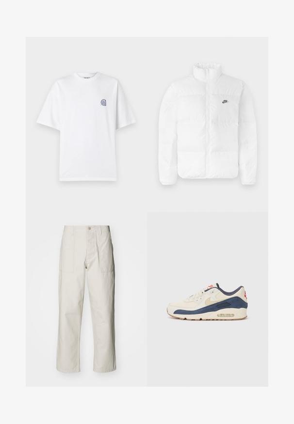 Biela nafukovacia bunda s vysokým golierom, zipsovým zapínaním a čiernym logom Nike na ľavej hrudi. Hladká textúra, prešívaný dizajn a polstrovaná.; Biela bavlnená tričko s okrúhlym výstrihom a krátkymi rukávmi. Na ľavej strane hrudníka sa nachádza malé modré logo. Hladká textúra.; Svetlosivé široké nohavice vyrobené z bavlny. Majú predné vrecká a zapínanie na gombík. Hladká textúra so subtílnymi vertikálnymi pruhmi.; Tenisky s krémovým koženým a námorníckym semišovým zvrškom, ktoré majú viditeľnú vzduchovú podrážku, béžovú gumovú podrážku a červený akcent na päte.
