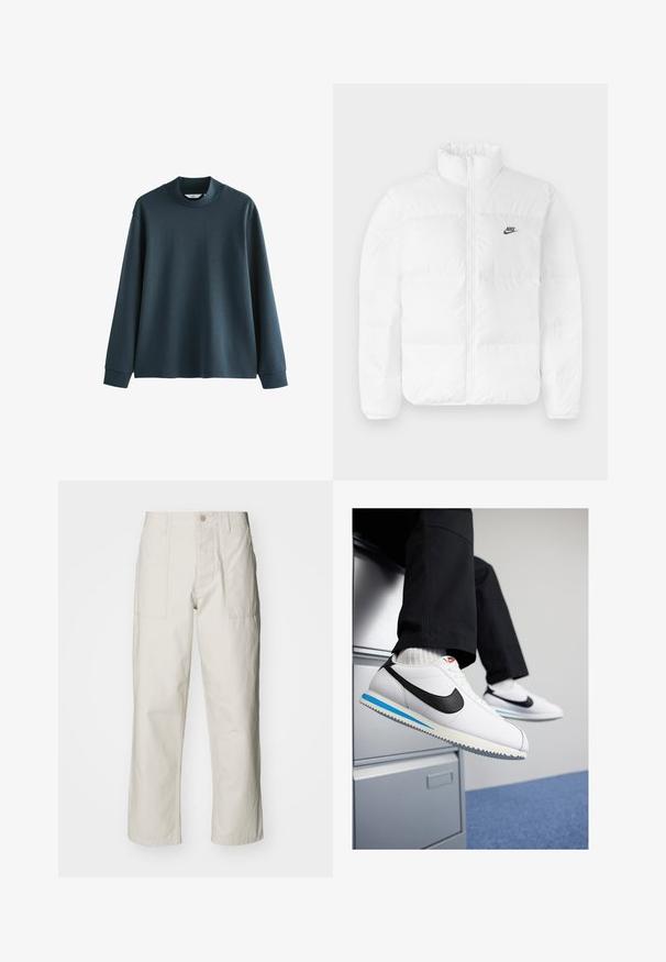 Fehér puffertakaró magas gallérral, cipzáros záródással és fekete Nike logóval a bal mellrészen. Sima textúrájú, steppelt kialakítású és párnázott.; Sötétkék, hosszú ujjú pulóver magas nyakkal, sima anyagból készült. Eséses vállakkal és bordázott mandzsettákkal rendelkezik. Egyszerű dizájn, minta nélkül.; Világos bézs, bő szárú nadrág, pamutból készült. Elöl zsebekkel és gombos záródással rendelkezik. Simított textúrájú, finom függőleges csíkokkal.; Fehér bőr sportcipő fekete Nike logóval, világoskék és szürke gumitalppal, valamint klasszikus fűzős kialakítással. A lábak egy iratmegőrző szekrényen pihennek.