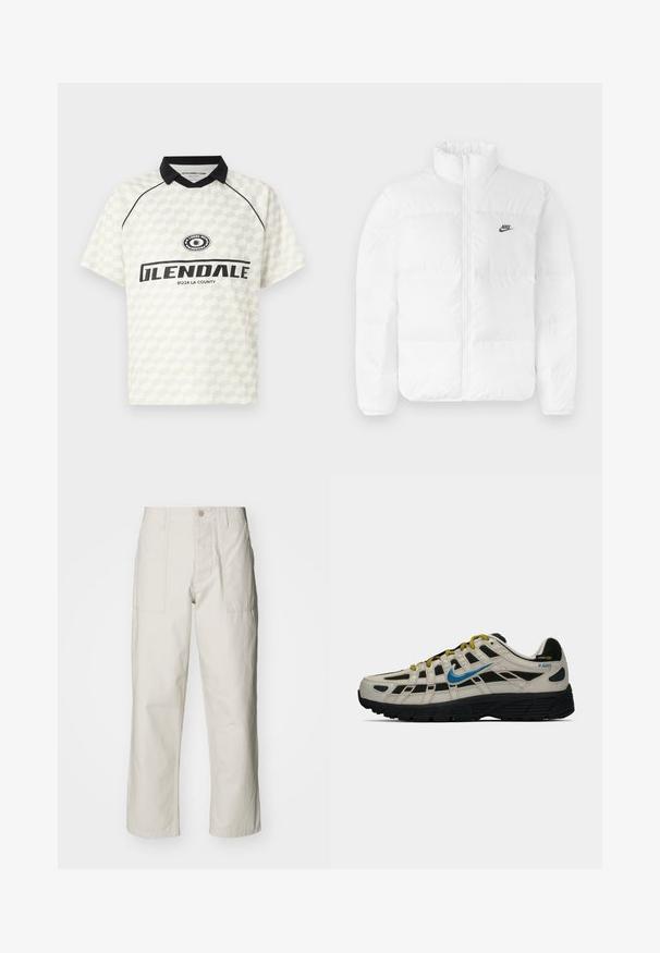 Balta pūkainā jaka ar augstu apkakli, ar rāvējslēdzēju un melno Nike logo kreisajā krūšu daļā. Gluda tekstūra, piesūcināts dizains un polsterējums.; Īsām piedurknēm polo krekls baltā krāsā ar ķekaru rakstu. Melna apkakle, akcentēta ar logotipu un tekstu "GLENDALE 91224 LA COUNTY".; Gaiši bežs platā kāju bikses, izgatavotas no kokvilnas. Iekļautas priekšējās kabatas un pogu aizdare. Gluda tekstūra ar smalkām vertikālām līnijām.; Beige un melnā Nike P-6000 kedas ar zilu swoosh, dzeltenām auklām, melnu zoli un Cordura auduma etiķeti uz papēža.