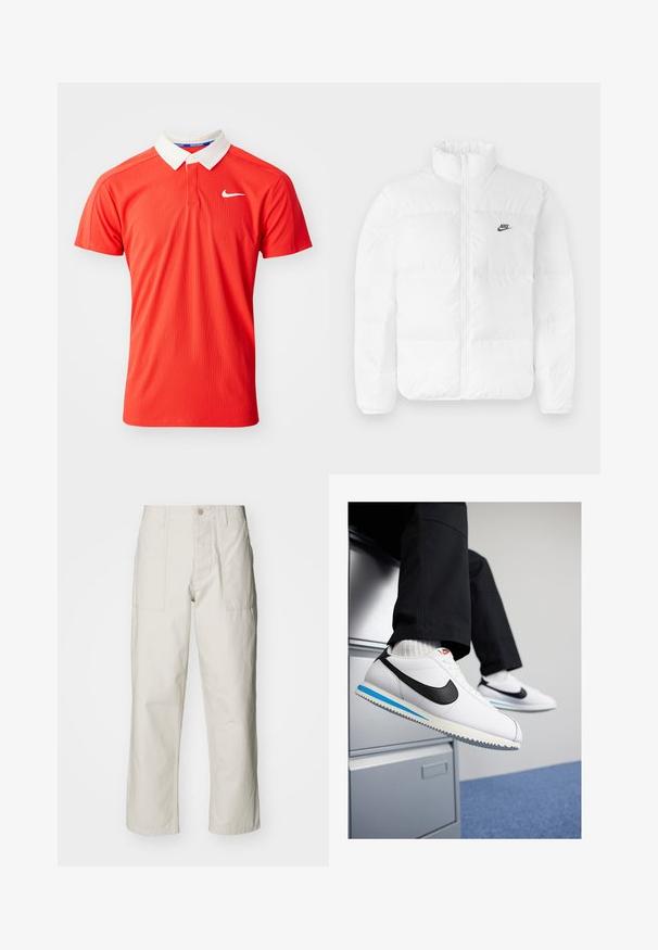 Weiße Puffjacke mit hohem Kragen, Reißverschluss und schwarzem Nike-Logo auf der linken Brust. Glatte Textur, gestepptes Design und gepolstert.; Rotes Polyester-Polohemd mit einem weißen Kragen, ausgestattet mit einer Knopfleiste und einem kleinen weißen Nike-Logo auf der Brust. Schlichte Textur.; Helle beige weit geschnittene Hose aus Baumwolle. Verfügt über Fronttaschen und einen Knopfverschluss. Glatte Textur mit dezenten vertikalen Streifen.; Weisse Ledersneaker mit schwarzem Nike-Swoosh, hellblauem und grauem Gummisohle sowie klassischem Schnürdesign. Füße ruhen auf einem Aktenschrank.